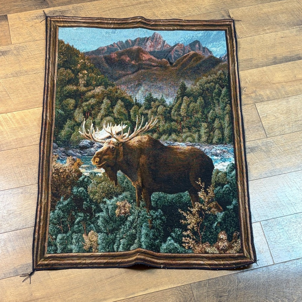 Vintage Moose Mountain River Woven Wall Tapestry Cabin Lodge Rustic 35x26